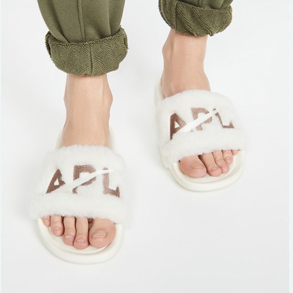 Apl Tan & Black Shearling Slip On Slides(Size 9) - image 1